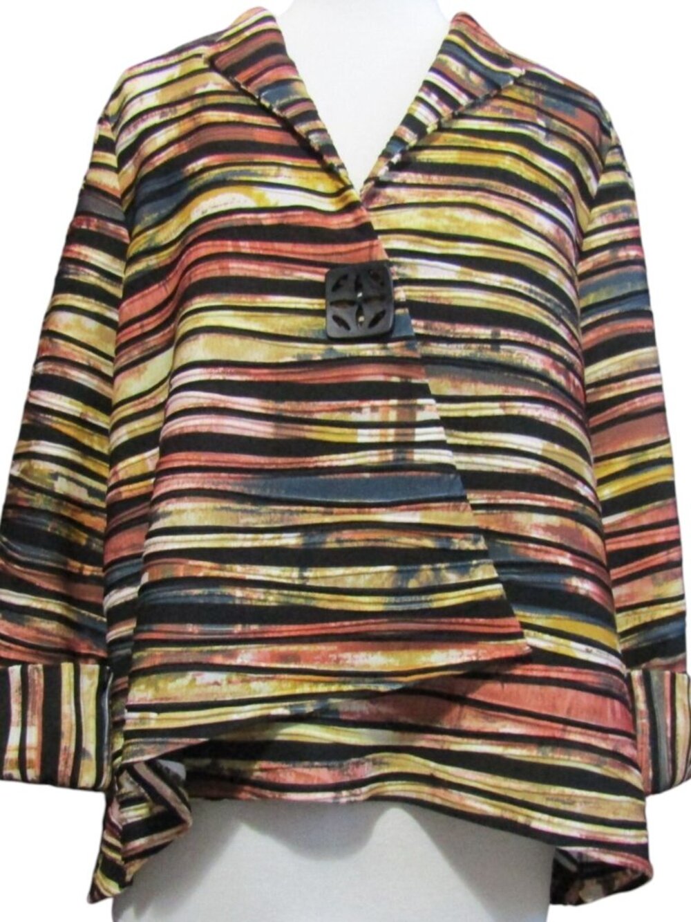 IC by Connie K Black Clay Yellow Abstract Stripe Jacket Women Size L Art To Wear